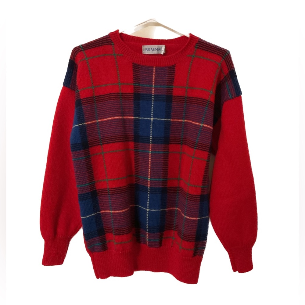 Braemar Vintage Red Plaid Wool Sweater Men’s Size L (But Fit is Smaller)